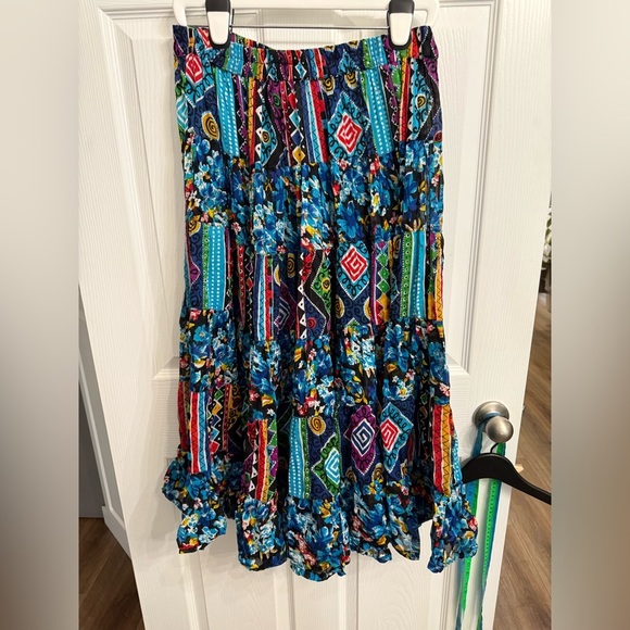 VTG Plus Class India Cotton Tiered Boho Maxi Skirt M Colorful Patchwork Floral - Picture 1 of 7